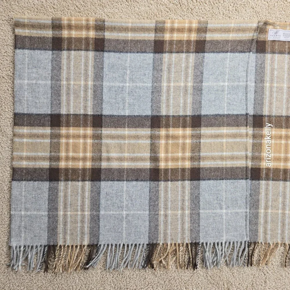 NWOT Bronte By Moon Merino Wool Wrap Plaid Tan Brown & Grey